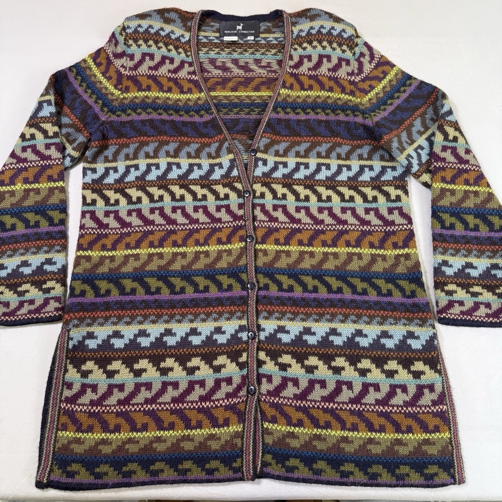 Peruvian‎ Connection 100% Alpaca Cardigan Sweater Womens Large Button Front EUC